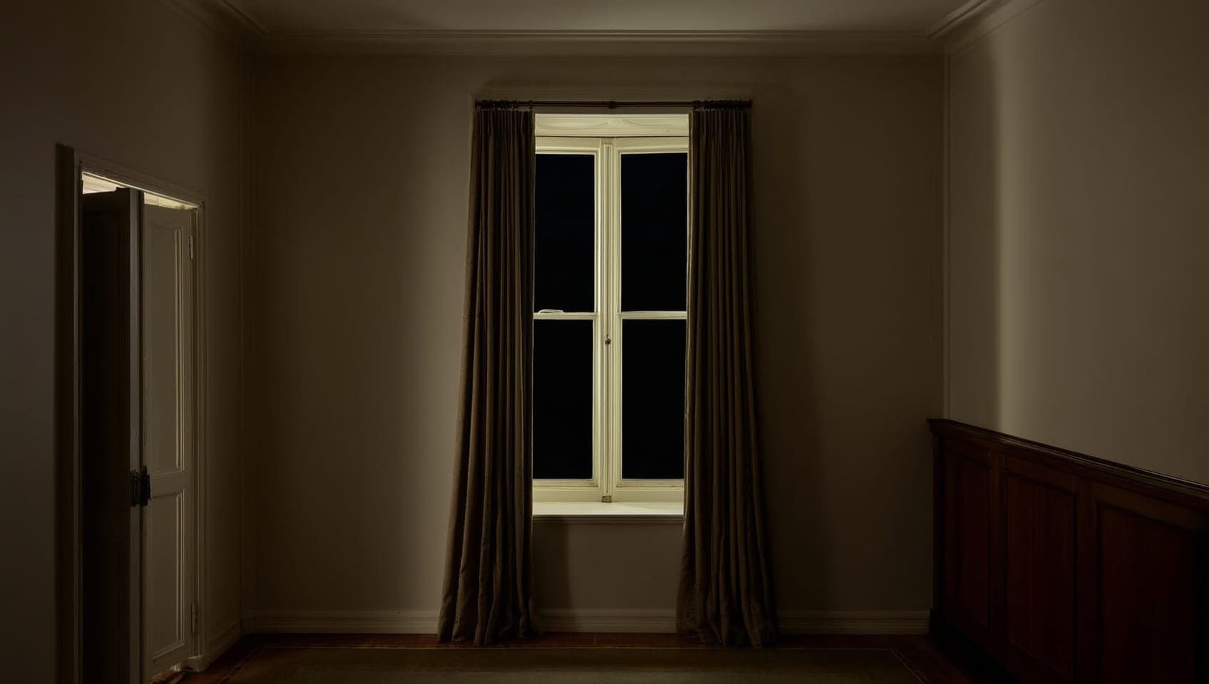 A dark, quiet room with a single tall curtained window glowing faintly at night