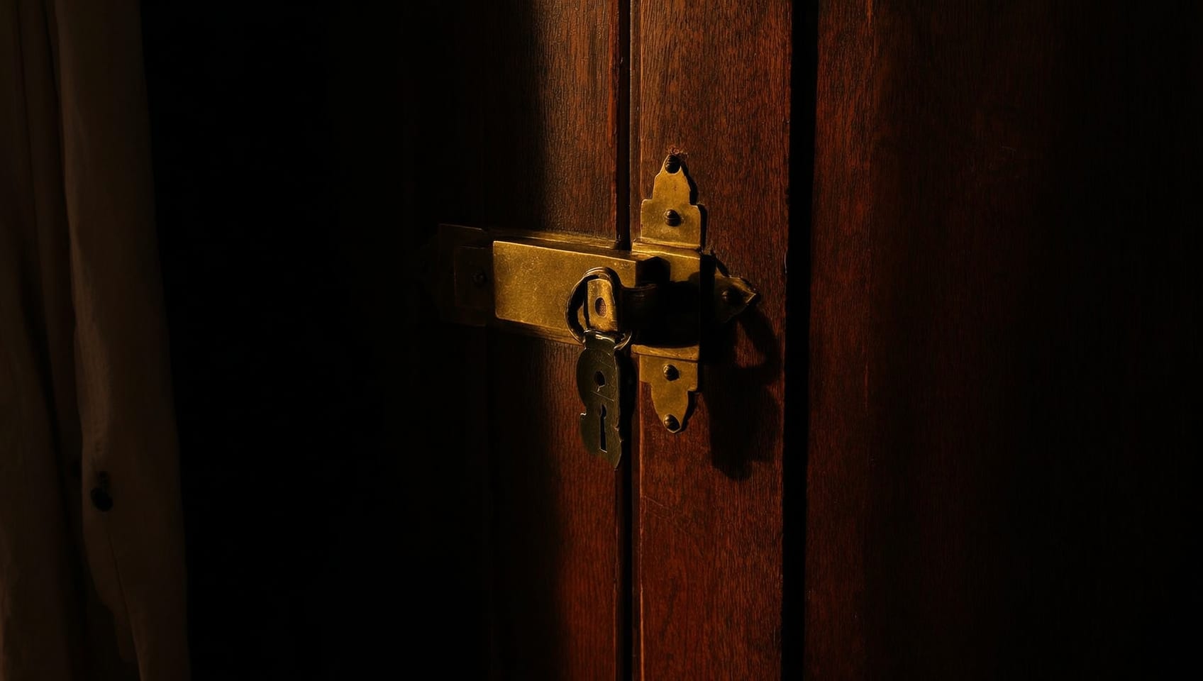 A brass lock and key on a dark wooden cabinet, lit by a narrow shaft of light