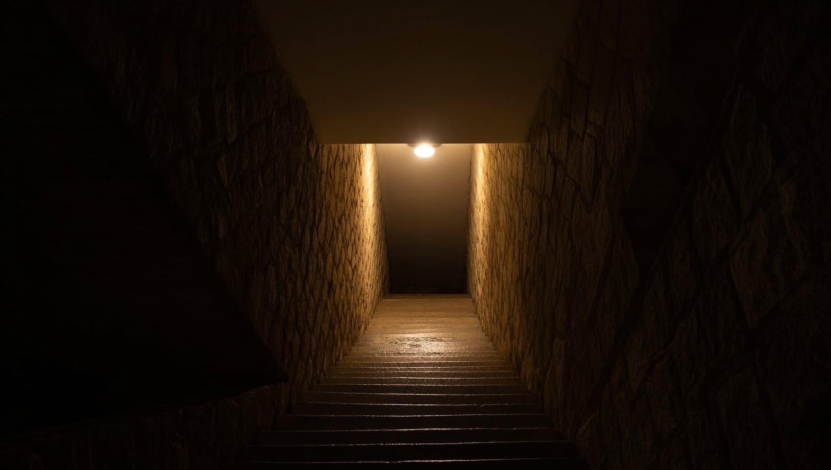 A narrow stone staircase descending into darkness, lit only by a single light at the bottom